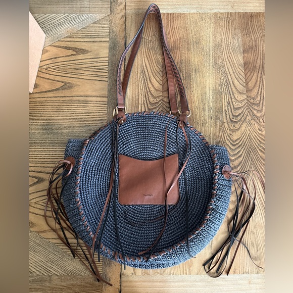 Network Handbags - Woven Round Navy Tote Bag with Brown Trim